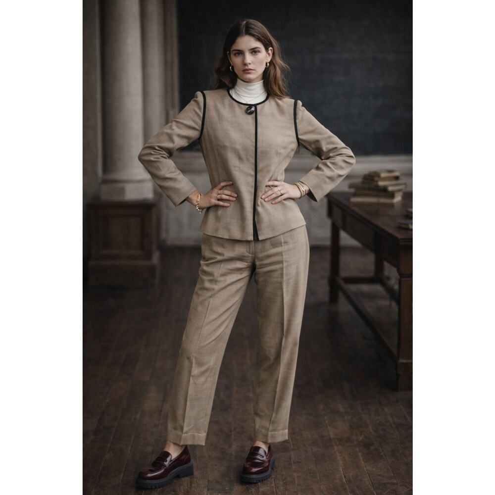 Vintage Sansappelle Sz 4 Khaki Linen 2 Piece Suit Jacket Pants 1990s Academia